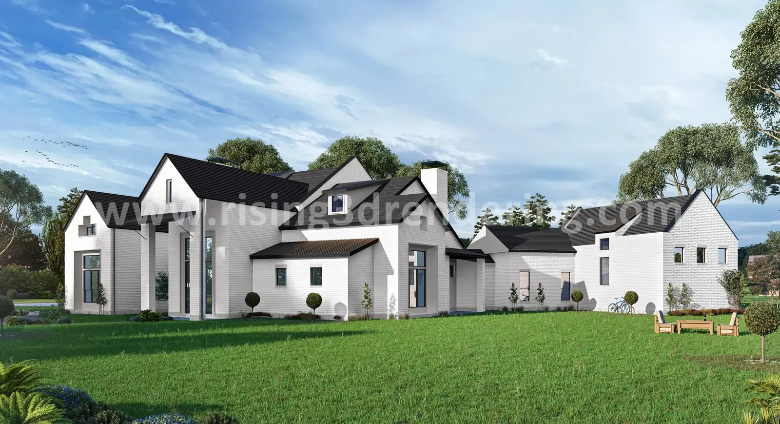 From Vision to Reality: House Front Elevation 3D Exterior Rendering Design Paired with Captivating Garden Views by Rising 3D Rendering Studio